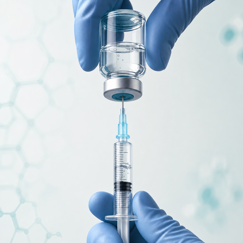 Insulin syringe drawing clear liquid from a peptide vial