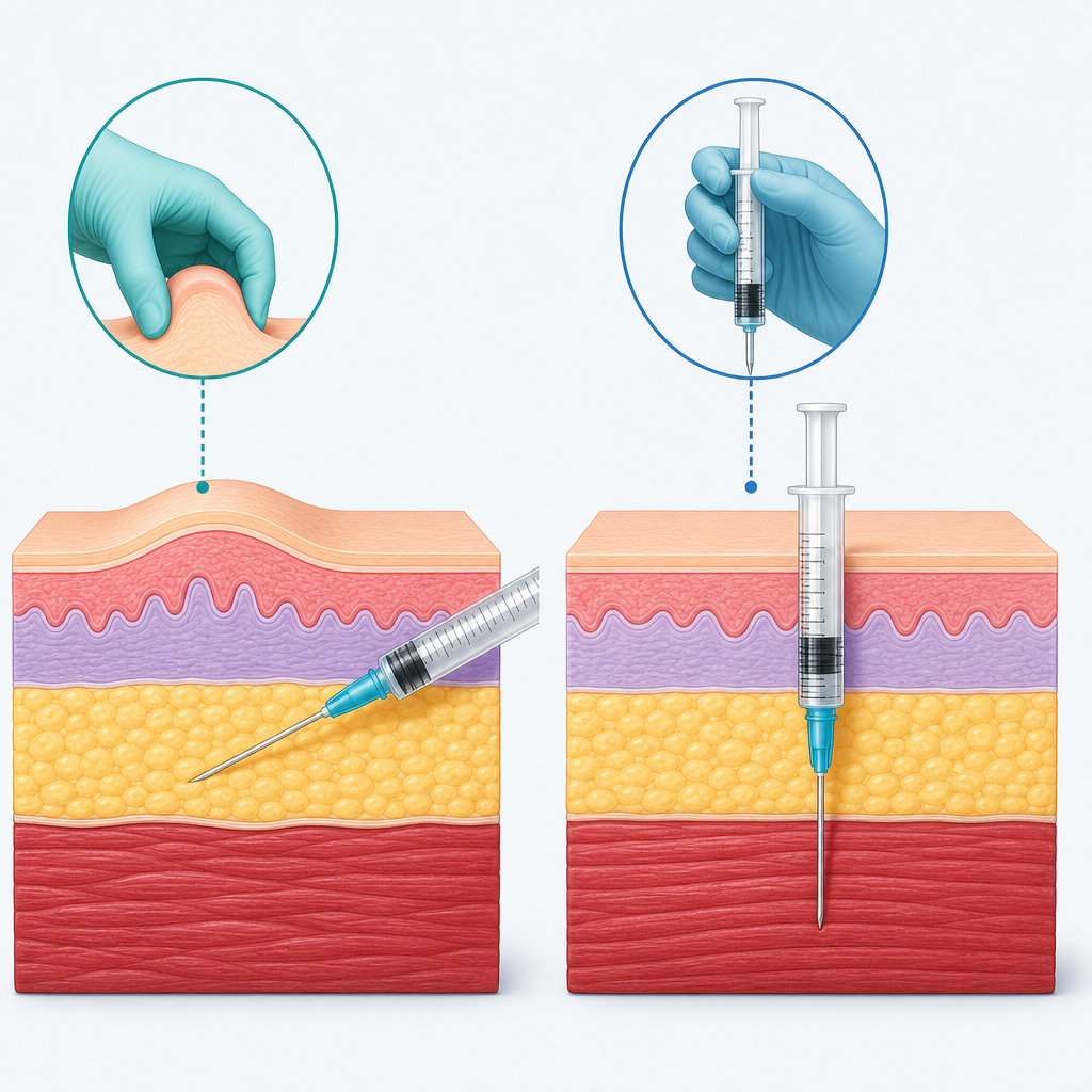 Diagram comparing subcutaneous and intramuscular injection depth and angle