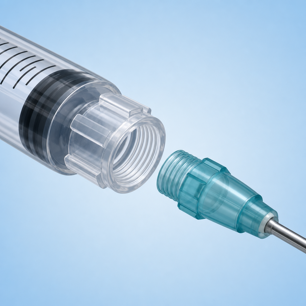 Close-up of a luer lock syringe tip with threaded collar