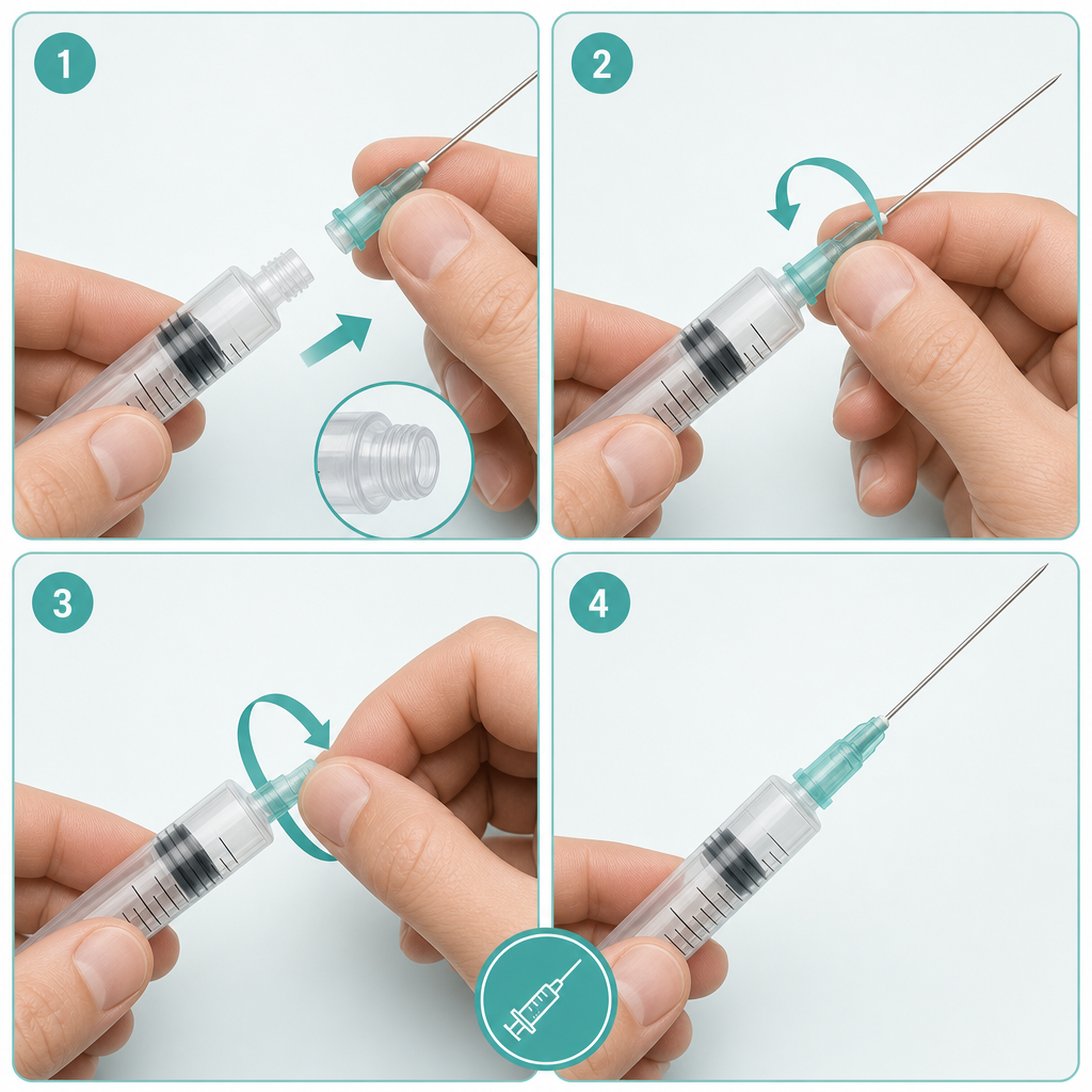 Two hands twisting a needle clockwise onto the threaded luer lock tip of a syringe