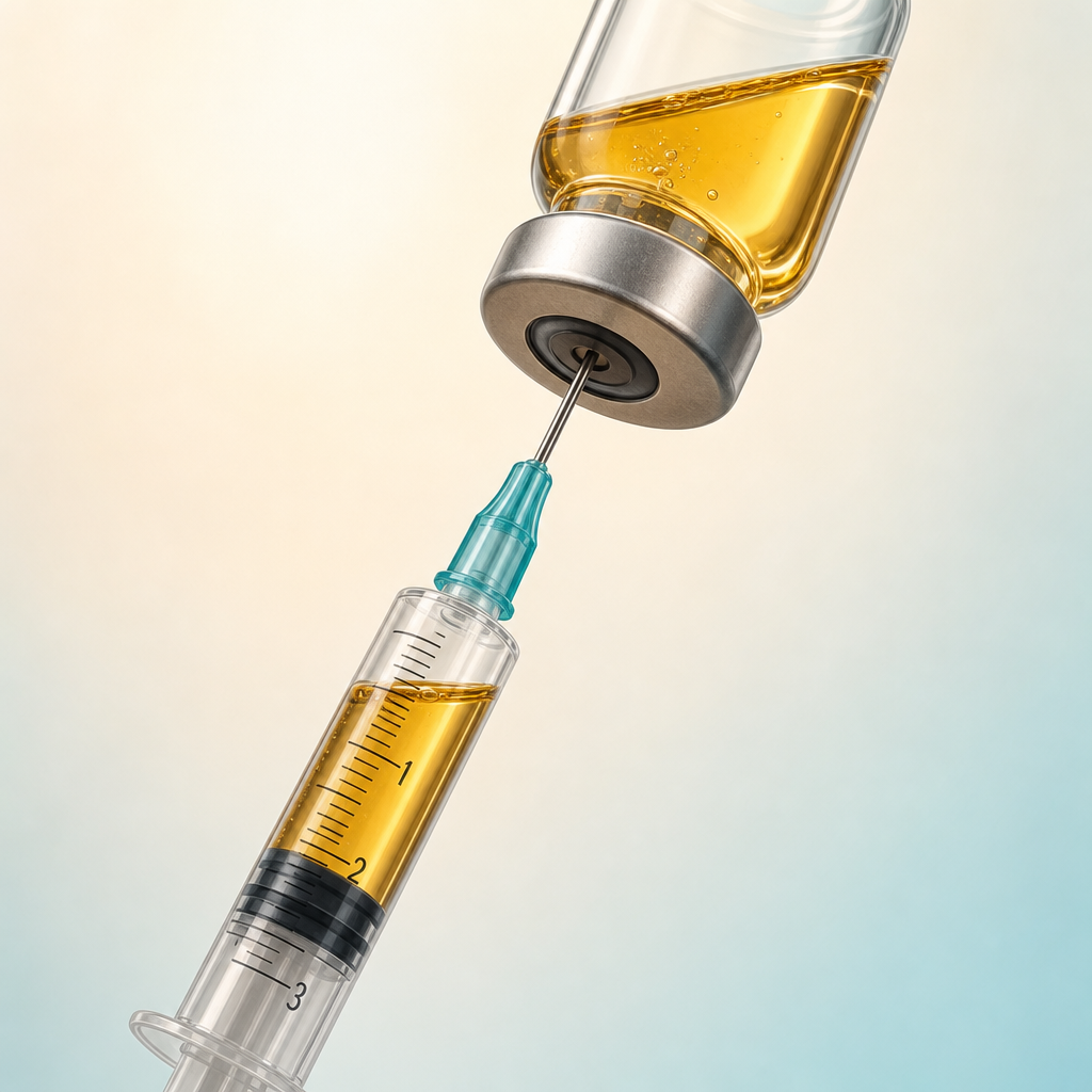 3 mL luer lock syringe drawing an oil-based solution from a vial
