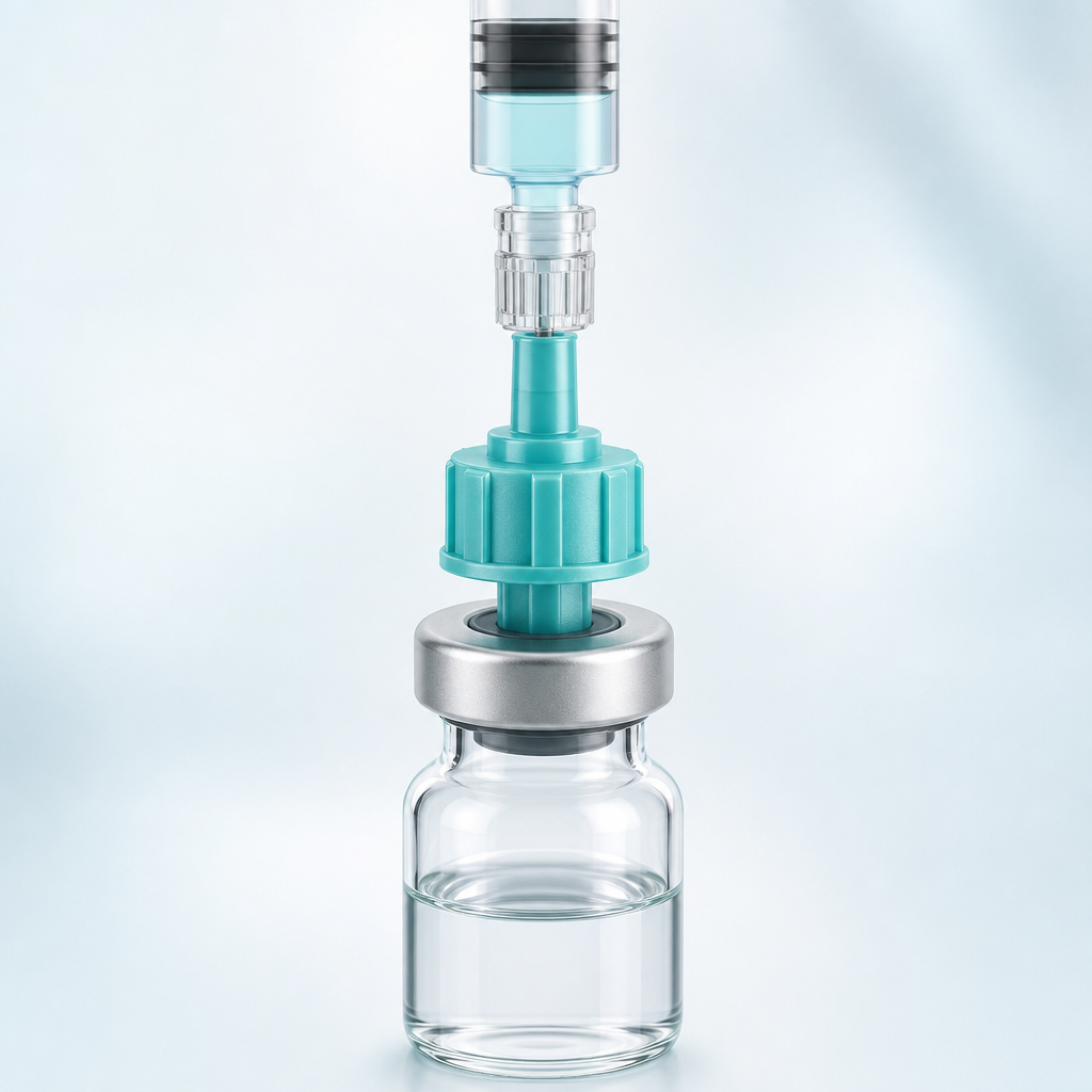 Vial spike adapter seated on a vial with a syringe attached via luer lock
