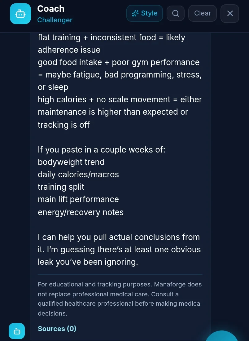 Genuine Coach response about synthetic training and nutrition records